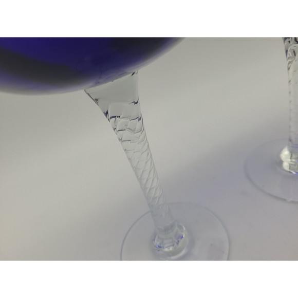 Pair Large Cobalt Blue Glass Goblets Handblown Swirl Stem Fluted Rim 10" - Picture 9 of 9